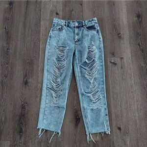 Indigo Rein High Rise Distressed Ripped Destroyed Straight Leg Mom Jeans 9/28
